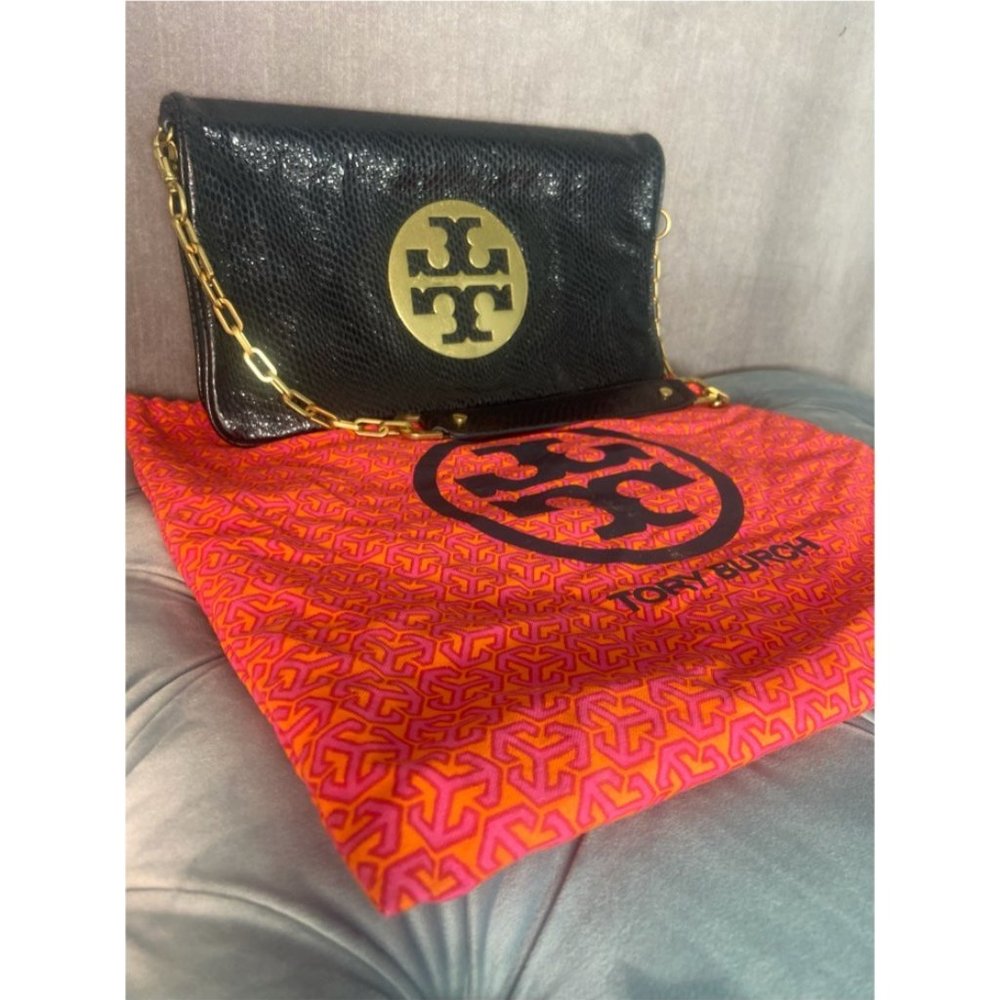 Tory Burch Black (Faux Snakeskin) Leather w/ Removable Gold Chain Purse/Clutch